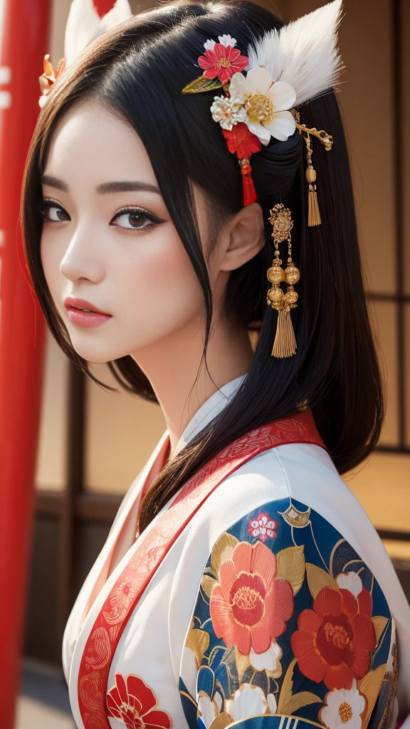 In a futuristic scene, Mechanically Enhanced Japanese Geisha、The elegance of elaborate gardens. She has beautiful delicate eyes and lips that complement her face. Geisha wear traditional kimonos with intricate patterns and designs. Around her are bright torii shrineThis scene is a fusion of illustration and photorealism, Extremely detailed and clear brushwork, Vibrant colors. The lighting accentuates the geisha's elegant features, Gives porcelain skin a soft glow. The artwork is of the highest quality, 4K or 8K resolution, Showcasing the intricate details of geisha costumes, Cherry tree, And the glittering scales of the carp. The overall color scheme is、A combination of traditional Japanese colors, crimson, wait., Black, Subtle gold accents, With a futuristic twist. The fusion of ancient traditions and modern technology、Create compelling and visually striking masterpieces.Shoulders are exposed, 胸がappear、I can see the valley、appear、Exposing shoulders