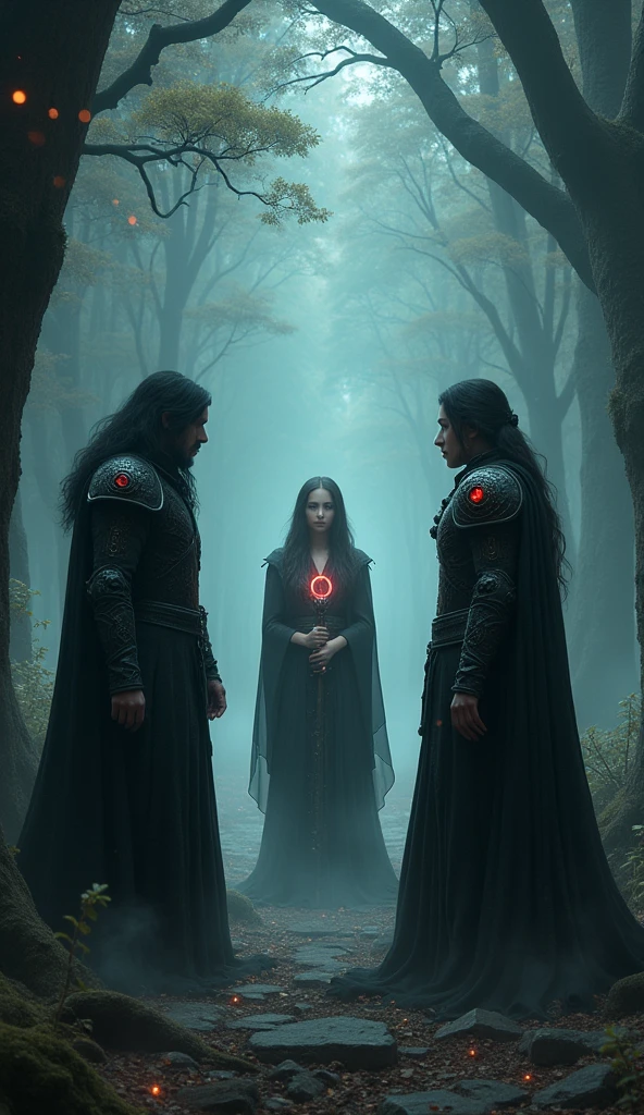 In a misty, enchanted forest, Vortex and Varys encounter a young female shaman. Vortex, with long black hair and a black coat, and Varys, clad in gothic black armor adorned with blood-red gemstones, stand before her. The shaman is a mysterious, serene woman with long, flowing hair and a robe adorned with ancient symbols. She holds a staff tipped with a glowing crystal, and her eyes shine with hidden power. The surrounding forest is heavily shadowed, with faint lights flickering between the trees, suggesting an otherworldly presence watching over this fateful encounter.