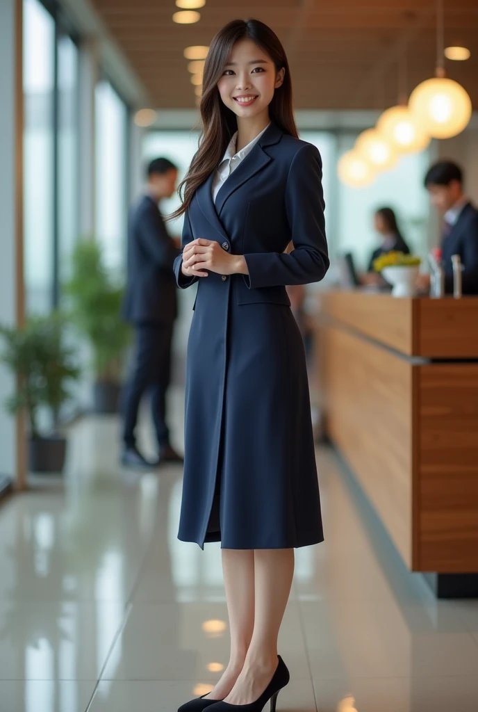 ((masterpiece, top quality, 8k, RAW photo, realistic, ultra highly detailed)), 1 girl, (japanese face:1.4), 2, big smile:1.5, perfect cute face:1.4, well groomed face, perfect body:1.4, dark brown hair:1.4, half updo:1.4, natural makeup, (double eyelid, full body shot, polite standing:1.3, beautiful legs:1.3, receptionist:1.4), ((dark blue one piece dress, long sleeve, dark blue heels)), (in reception center:1.5)