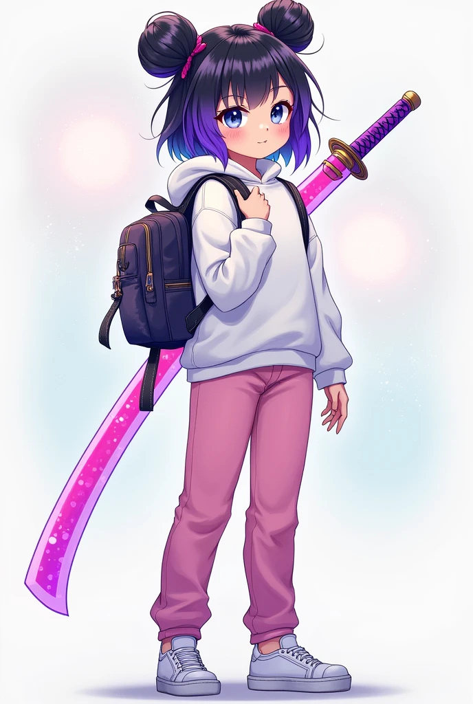 A girl with black hair and purple hair with blue eyes and a butterfly bun wearing a white sweatshirt with pink pants with white tennis shoes with a bag on her back with a pink and purple katana
