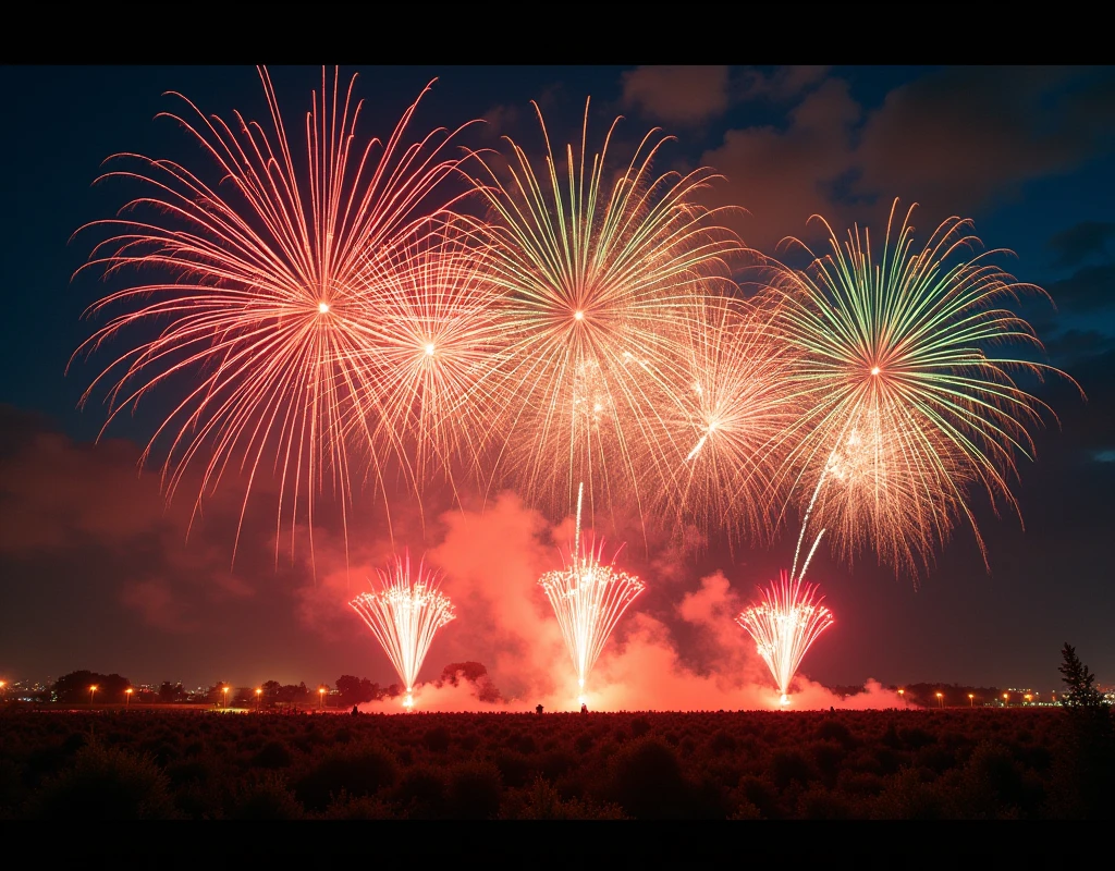 - Pyrotechnic Spectacle: Exploding fireworks, sparkling lights, vibrant bursts of color, dynamic composition