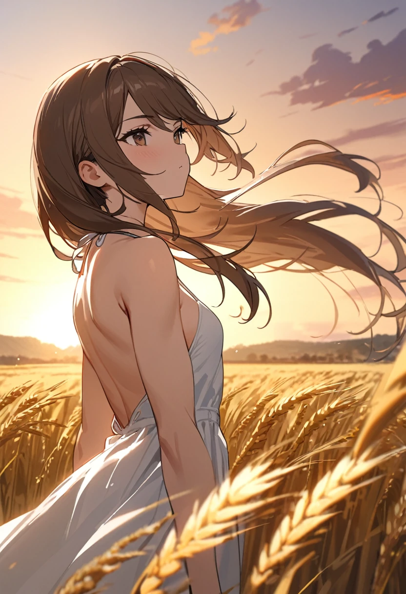 (masterpiece, best quality), 1girl, wave, sun rays, stoic, looking to the side, beautiful face, brown eyes, brown hair, swept bangs, low very long hair, yellow spaghetti strap halter neck backless sundress, small breasts, toned arms, golden field, wheat field, sunset,