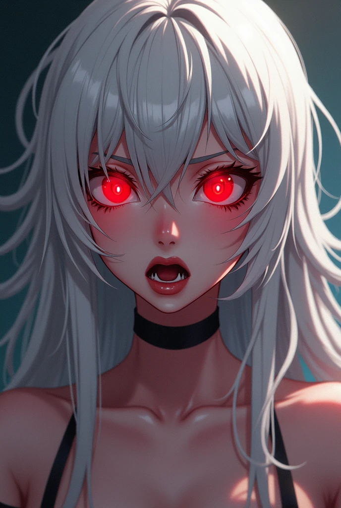 One Hot Attractive Girl, Appearance Succubus, Lustful looks, Long White Hair, Red Heart Eyes, Looking Obsessed, Crazy Obsessive looks, Anime Style, With Sexual Desire, Ahegao Face