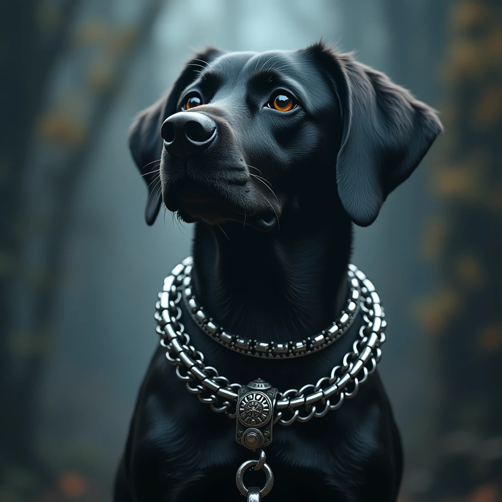 The dog is attached to a lead attached to an elaborate silver chain collar.、Beautiful and exquisite décolletage、Captivating breasts、Elegant neck expression、Dramatic lighting、Fantasy Concept Art、cinematic composition, tonal colors, ethereal atmosphere, photo-realistic, 8k, masterpiece
