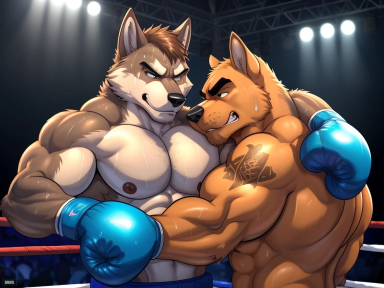 Duo male(Brown Dog punching Gray wolf on the face), handsomes(handsome hairstyle, Thick eyebrows, detailed face), gay(cuddling embraced, body with body, on a boxing match), hot(Shirtless), handsomes(They are handsomes, correct anatomy), musculosos(Big muscle bodies, Six packs, muscle abs, big pecs), sweaty(very sweaty wet bodies, shiny sweat), tatuajes(they have tattoos), grumpy(Both have an grumpy expression, grumpy teeths, steaming breath), boxing gloves(They both are wearing boxing gloves), Hight resolution, by(Zourik:1.1)