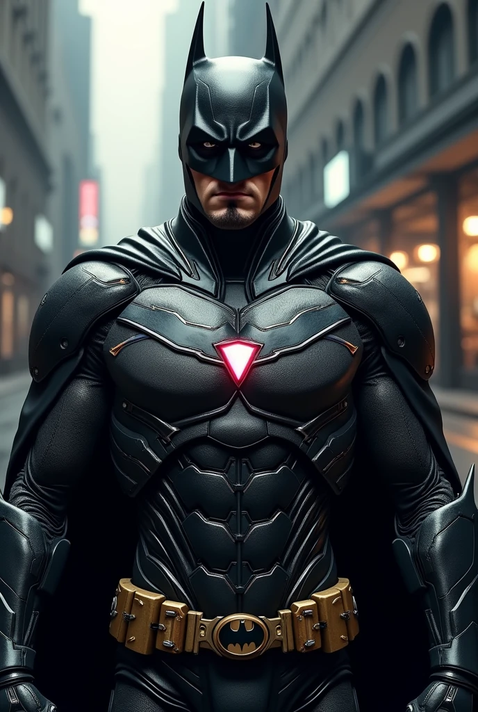 Create a realistic and epic image of a (((fusion between Iron Man and Batman))). The character should have:
Face: Combine Bruce Wayne's determined expression with Tony Stark's confident look, blending their features to create a unique appearance.
Armor: (((Design an armor that merges Iron Man's futuristic technology with Batman's tactical and stealthy design))). The armor should be (((predominantly black, with gold))) and red accents, featuring the arc reactor on the chest and (((the bat))) (((symbol.)))
Accessories: Include iconic elements from both, such as bat wings for flight (((Batman style))) and repulsors in the hands (((Iron Man style))). Also, (((integrate Batman's gadgets into the armor, like the grappling hook and batarangs.)))
Setting and Pose: (((Position the character in a dark, urban))), and (((technological environment, with a powerful and confident pose))), emphasizing their imposing presence and the contrast between light and shadow.
Style: Maintain a realistic style, blending Batman's dark and tactical aesthetics with Iron Man's advanced and bright technology.