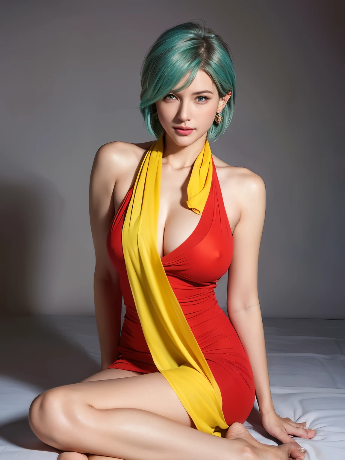 (masterpiece, best quality:1.4), (full body:1.5), standing, 1girl, solo, looking at viewer, sexy smile, (european youth:1), dragon ball, blmshort, (aqua hair:1.3), very short hair, earrings, jewelry, red dress, (red dress:1), medium breasts, yellow scarf, (yellow scarf:1.2), short dress, sleeveless, medium breasts, solo, beautiful face, highly detailed face, highly detailed skin, highly detailed eyes, skin pores, subsurface scattering, realistic pupils, medium breast, full face blush, full lips, detailed background, depth of field, volumetric lighting, sharp focus, absurdres, realistic proportions, good anatomy, (realistic, hyperrealistic:1.4), 16k , nswf, spred legs , no bra, realistic hands,, nude, show vagina hairly, wide open legs, super wet , show nipples in medium breasts, shadow +10.0, exposure +1.5, soft lighting body.