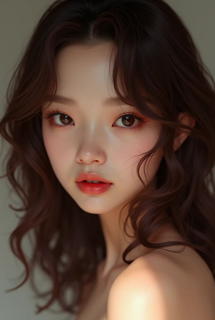 Japanese、Angular chin、Thick lips、Wavy hair up to brown shoulders、sexy、