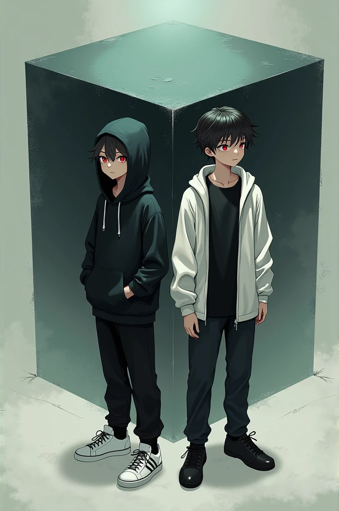 A cube and 2 boys are standing front of it first boy black hoodie black pant white sneakers  little scratch in face second boy black t-shirt white jacket black pant white sneakers red eyes