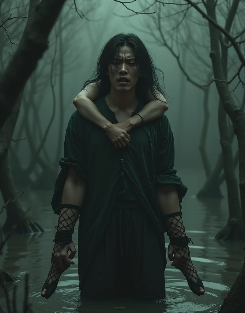 The Korean man standing, The Korean woman in mid air behind him,(masochism:1.0),Expressive wrinkles,Bob haircut, skirt,blouse,(Incredible detailing of dark fishnet stockings with garters),(drowning in a bog:1.0),Standing in the swamp mud,Detailed eyes and face,expression of despair,Dark and moody lighting,ominous vibe, death", A Tragic Image, Aesthetic work of art:1.2, gaze