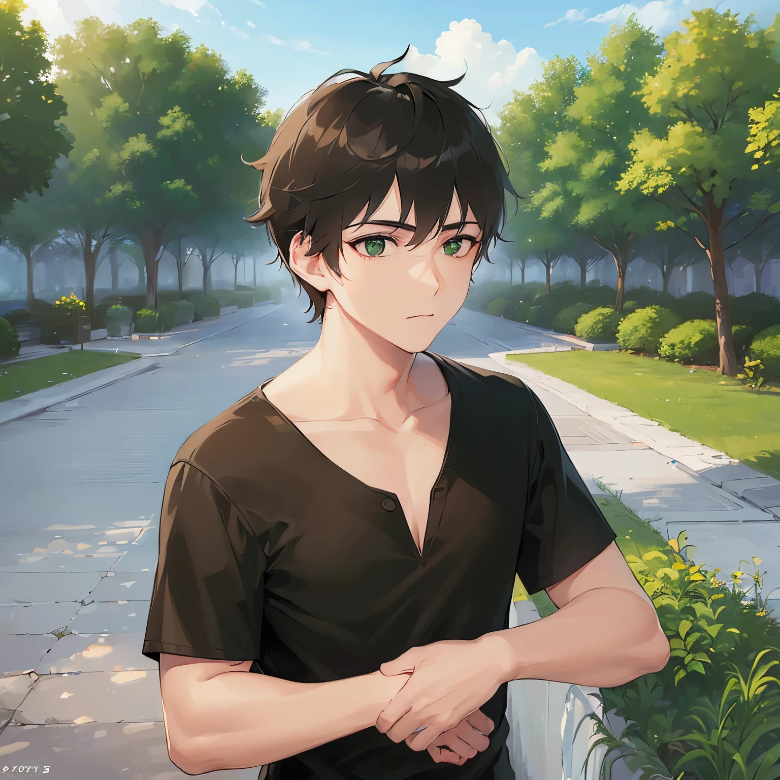 (looking away:1.5),upper body、 Side shot、
shiny skin, masterpiece、Highest quality、
(25-year-old male:1.5) and (Brown short hair) and (Green Eyes),
(black shirt:1.5)
downcast,park,(alone:1.5)