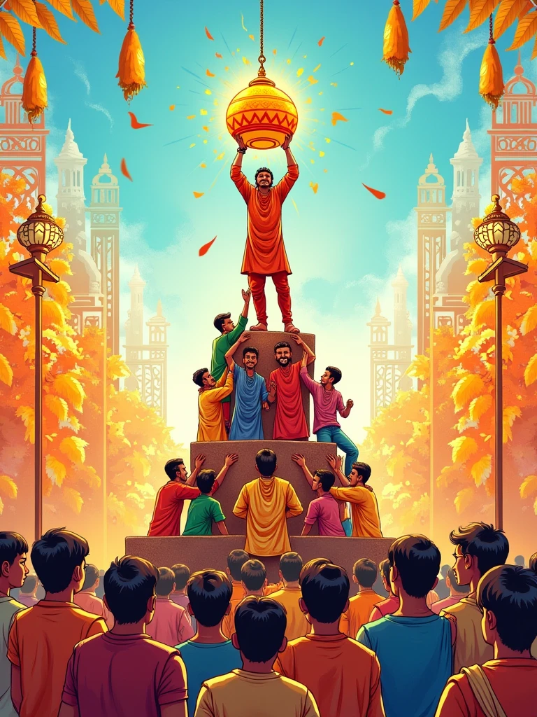 reate a festive and vibrant sketch illustrating the Gopal Kala celebration, an Indian festival associated with Janmashtami. Capture the essence of this joyful occasion with a group of enthusiastic men forming a human pyramid, striving to break the Dahi Handi (clay pot filled with curd) hanging high above. Surround the scene with cheerful onlookers, traditional attire, and colorful decorations. Include intricate patterns in the background representing traditional Indian motifs, and make the atmosphere lively with a sense of community and festivity. The colors should be bright and vibrant, with a focus on shades of orange, yellow, and blue