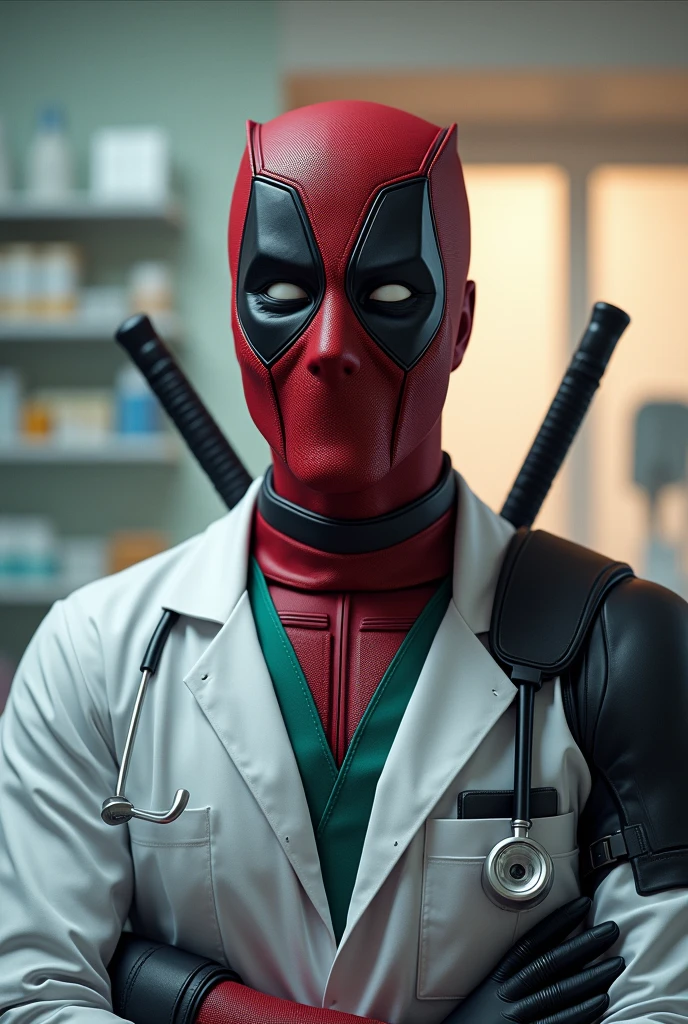 Doctor Deadpool, smiling, doctor, photorealistic, medical glove on hand, stomatolog, Uzbekistan