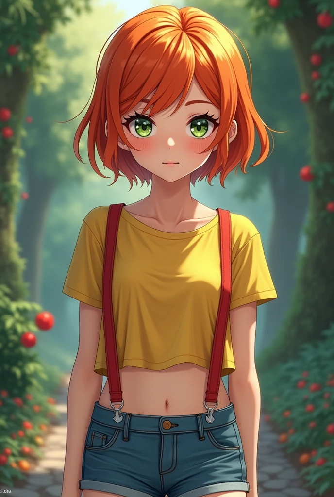 masterpiece,High resolution,8K,Detailed anatomy
(Misty_Pokemon)(1 18-year-old girl)
(Berry Short,Orange Hair,one side up hair,Big green eyes,Small breasts,Skinny)
(Yellow sleeveless T-shirt,Belly button exposed,Denim hot pants,Red suspenders,sneakers)
I can feel the spirit in my eyes.