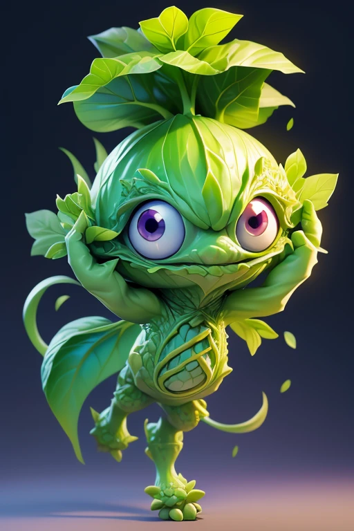 Create a picture of a leek monster., The image should be sharp and detailed, with beautiful colors. With arms, leg, eyes, mouth, พื้นหลังสีlegว