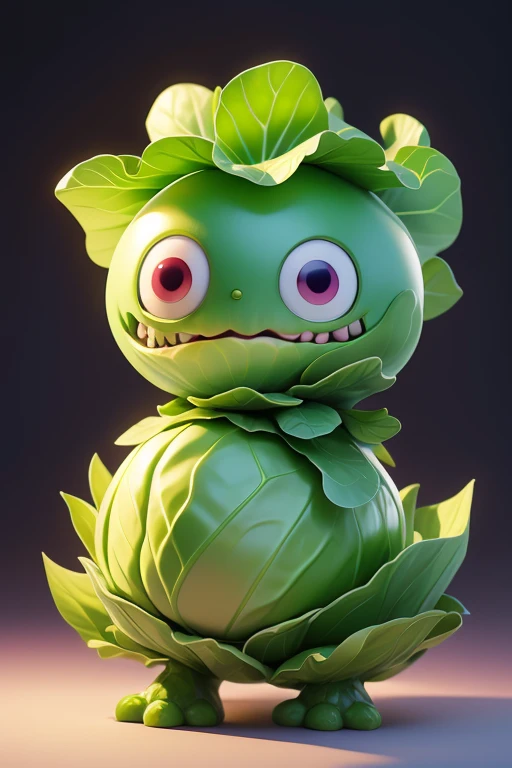 Create a Cabbage Monster image. The body is transparent and can be seen through. The image is sharp and detailed., with beautiful colors.. With arms, leg, eyes, mouth, พื้นหลังสีlegว