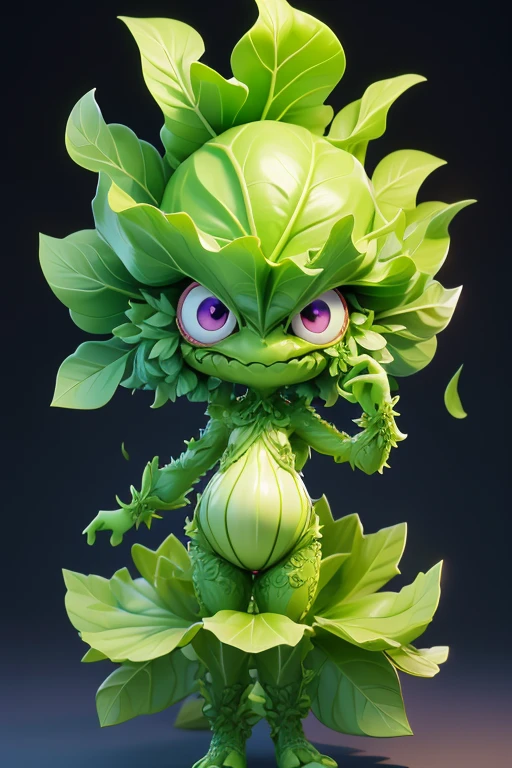 Create a Cabbage Monster image. The body is transparent and can be seen through. The image is sharp and detailed., with beautiful colors.. With arms, leg, eyes, mouth, พื้นหลังสีlegว
