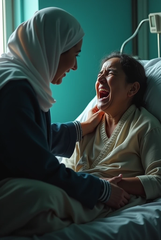 Muslim school teacher talking poor lady who was crying badly with tears and shouting in the hospital