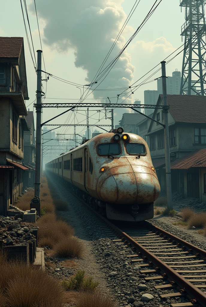 Diagonal shot of a dirty, rusty bullet train in a post-apocalyptic city, There are many ruined buildings around and in the background., He is passing between destroyed houses and ruined buildings, the train has two floors, He is crossing between houses and metal buildings, post-apocalyptic environment, the train passes through a destroyed industrial area with tall metal towers belching smoke 