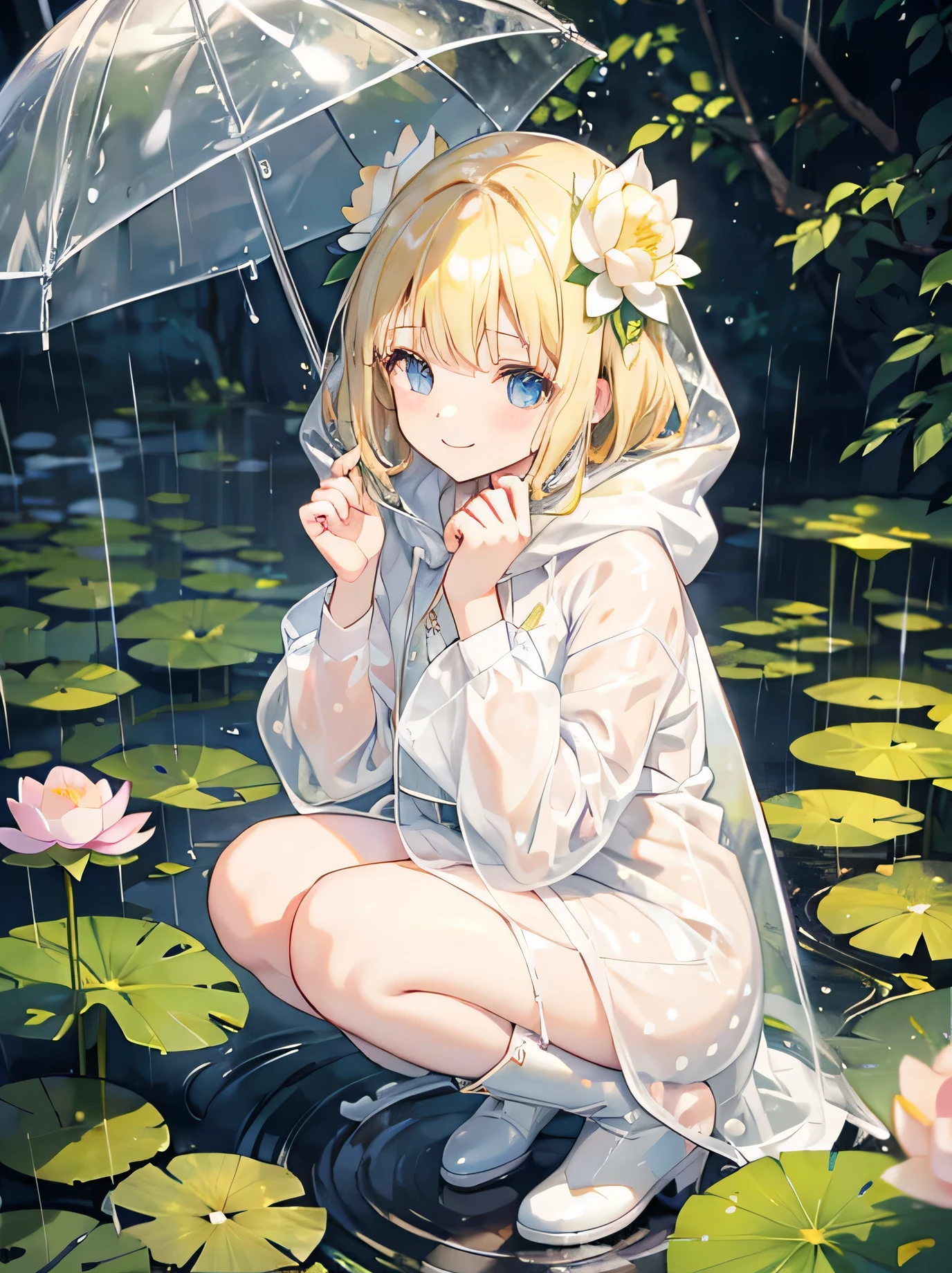 smile、Girl、Blonde、Transparent raincoat、Lotus flower、Rain、Polka dot boots、in the forest、squat、