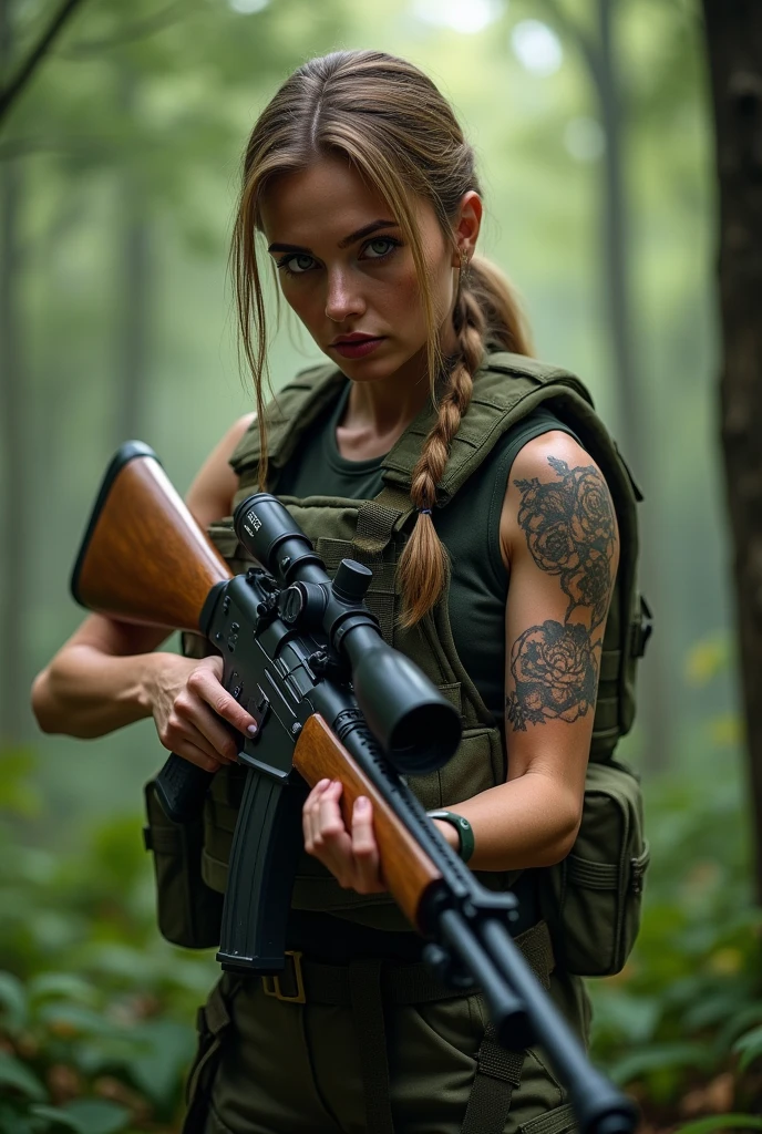 Tacticool, woman vest military better hands one female holding hunting rifle, Wood. forest