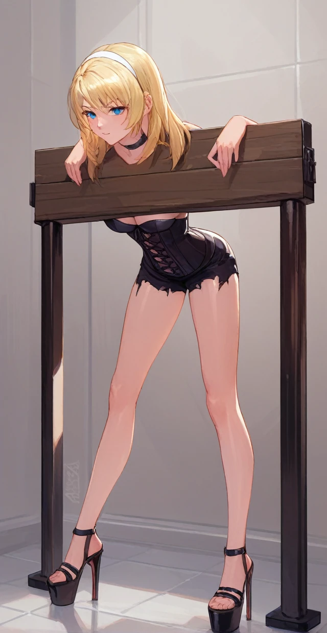 score_9, score_8_up, score_7_up, source_anime,source_anime, 1girl, FF8RINOA, torn black corset strapless,  medium Breasts hanging, white hairband, black choker, long legs, spread legs,  black platform high heels sandals,  black miniskirt sexy, pillory, bend over, tiptoes, tiptoes in heels, standing tiptoes, stockade, side shot, full body shot,  Bathroom background. 