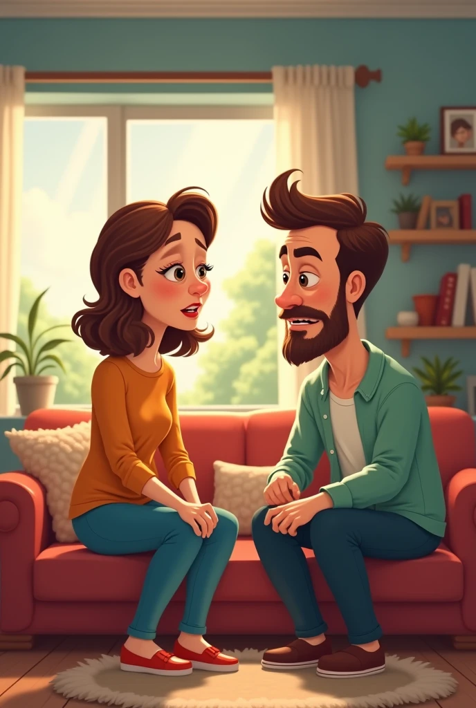 A humorous scene of a couple sitting in their living room. The wife, with a curious expression, is asking her husband if he would remarry if she died. The husband, looking confused but thinking deeply, responds with different options. The wife’s expressions shift from curiosity to frustration as the conversation progresses.