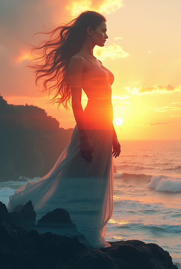 Moster red end with high quality, 8K Ultra HD, A beautiful double exposure that combines an goddess silhouette with sunset coast, sunset coast should serve as the underlying backdrop, with its details incorporated