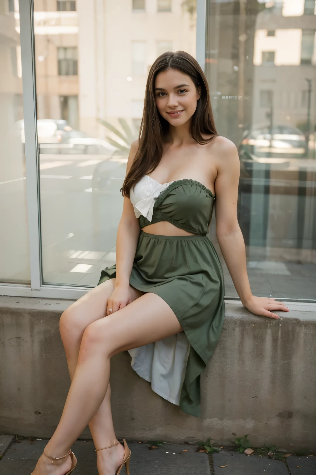 Beautiful 26 year old woman, 170 cm tall, 60kg weight, White skin, long dark hair, green eyes, hairstyle, wearing strapless dress, Cowboys, sweter, heels, looking somewhere else, (((street))), front of the window, smile, natural morning light, Realistic portrait, Very detailed, analog style, under the chest, (((Whole body))), cute pinup pose