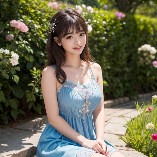 laughing out loud,Travel photos,Wear a cute little dress,(knee shot), elegant,1 woman, light brown hair, blunt bangs, hair behind ears, Hair over the shoulders, long hair, Slender body type, Super thin face, face slimming, delicate lips, beautiful eyes, Thin blush, Eyes are light brown,Check it out here, (realistic:1.3), One person's perspective, 8k, Super detailed, high quality, best quality, High resolution,(masterpiece))、(top quality)、8k、high detail、Super detailed,3 female,Seductive and whimsical style、masterpiece、born、Scenes resembling fairy tale illustrations、Intricate details and complex designs、Beautifully、magic、capricious、 Beautifully、Dream aesthetics、「𝓡𝓸𝓶𝓪𝓷𝓽𝓲𝓬、ethereal、charming、fickle、magic」、Realism、Visual effects、FXAA、SSAO、Shaders、voiceless、ambient lighting、Tone mapping、High resolution、Ultra high quality、Million pixels、(8k resolution:1.10)、8k、Below 8K、8k resolution、high detail、intricate details, (high quality:1.2、masterpiece:1.2、:1.21)、(3 female:1.21)、(Smile excitedly)、The protrusion of the breast is visible when wearing clothes, Large Breasts,