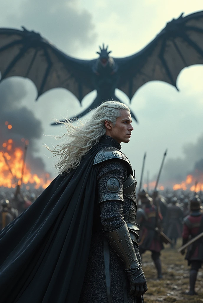 Create a detailed image of Aegon Targaryen on the battlefield and with his black dragon flying in the sky