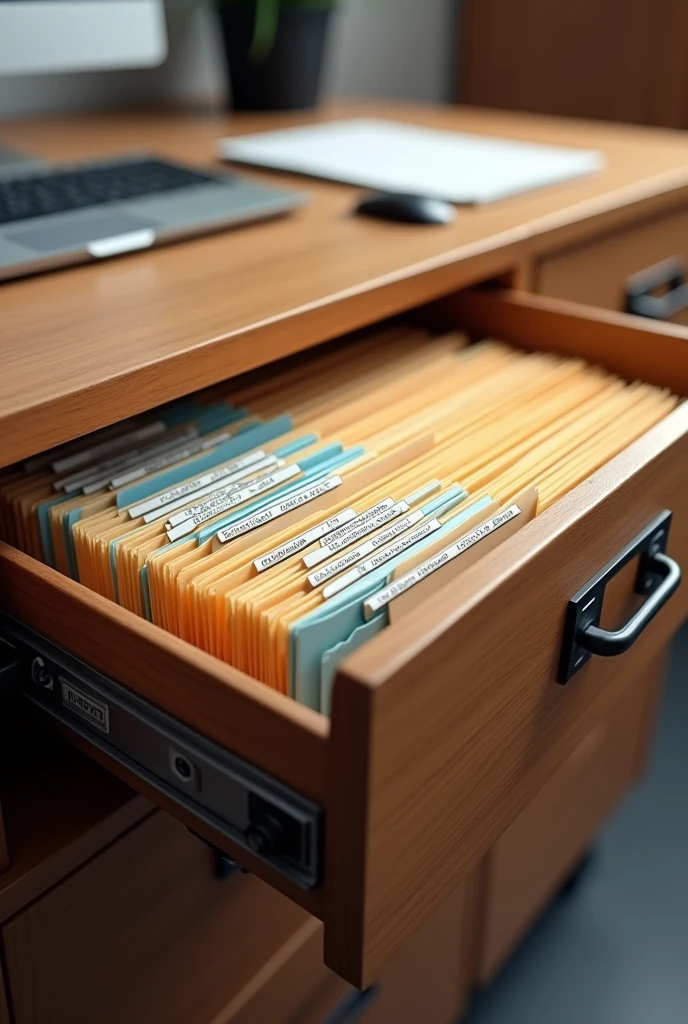 Draw a picture of a drawer that has files inside and where you can see the main guide that indicates the main sections.