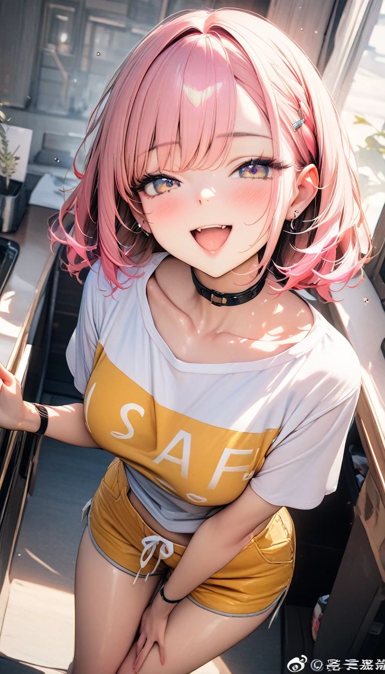 ((最high quality, 8k, masterpiece)), High resolution、（high quality: 1.5）、Very detailed、Detailed face、Bright colors、Natural light、Fine grain、Colorful eyes、Beautiful Face、Highly detailed face texture of a woman,masterpiece, 最high quality, Detailed and beautiful eyes,最high quality、Best image quality、masterpiece,girl,smile,From below,grin,(Brat),Pink Hair,Cute clothes,Printed shirt,Shorts,Just beautiful,masterpiece,(laugh at),最high quality、so beautiful,High resolution,1girl, solo,(masterpiece:1.2)、(最high quality:1.2)、Latest Glossy Skin