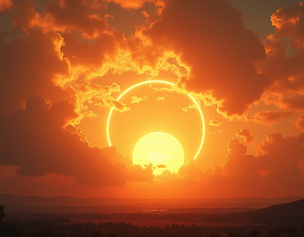 - Blazing Sunset: Celestial descent, golden and red skies, expansive landscapes, tranquil mood