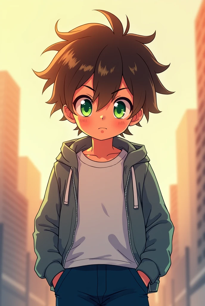 A 5-year-old anime fit boy with bright green eyes and brown hair, a rather selfish face, dark blue pants and a bright gray jacket with a white t-shirt beneath. his face shining in light