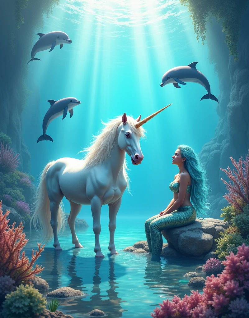 Photo of a unicorn and a mermaid plus colorful dolphins