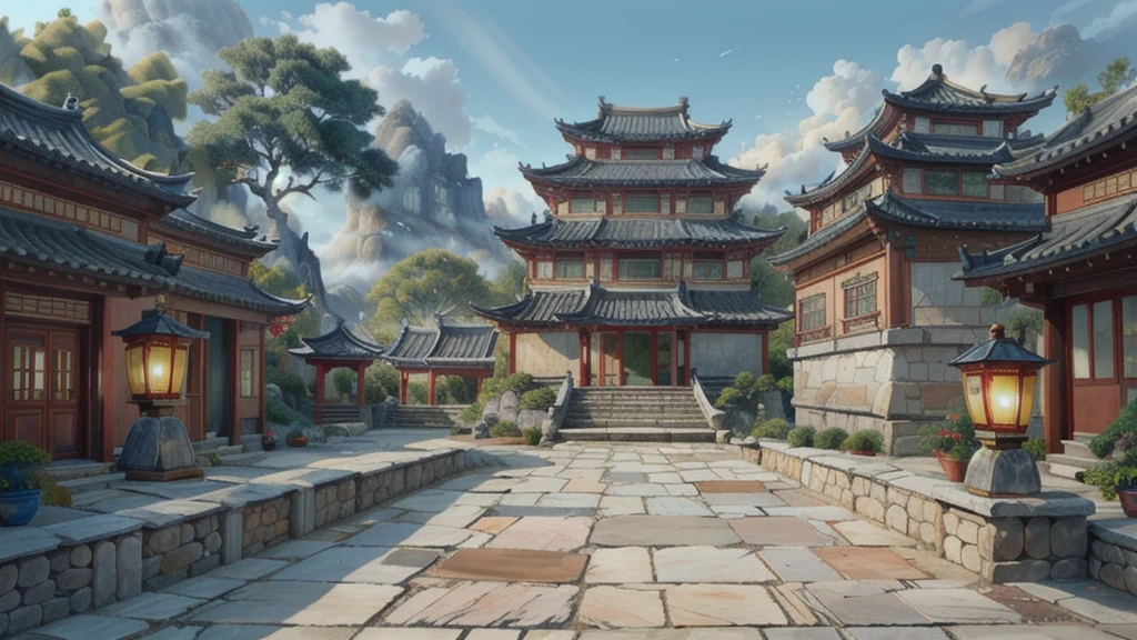 中国Ink画,  masterpiece , best quality, Ink画，Guo Chao，Ink，（Xianxia scene，Fantasy fairyland scene，Pavilions，architecture具有东南亚特色，cloud雾缭绕：1.5），outdoor，Sky，daytime，cloud，Tree，Blue sky，nobody，window，plant，architecture，landscape，lantern，stairs，Potted plants，architecture，东亚architecture，landscape