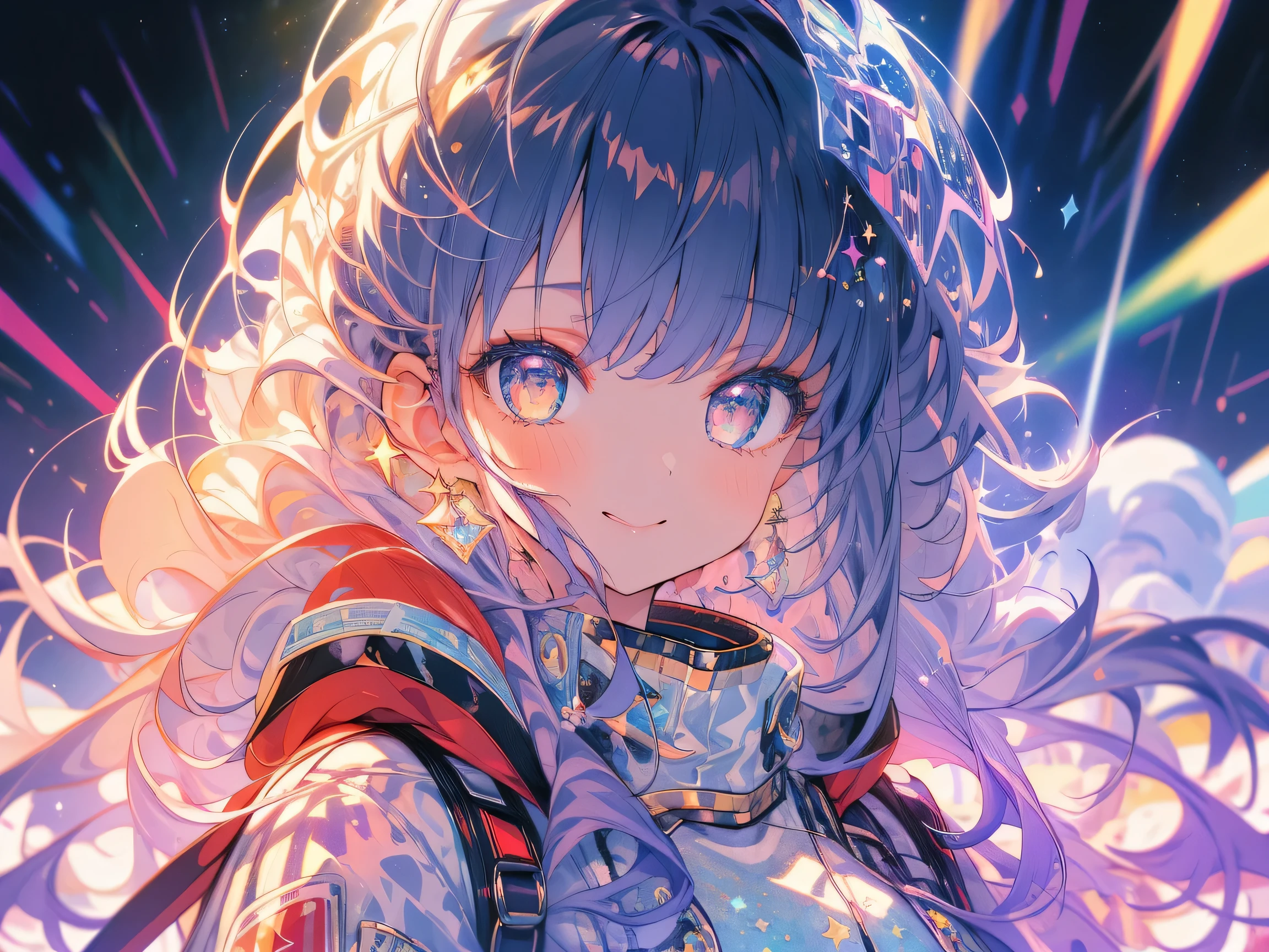 Attention to detail, Super Detail, Ultra-high resolution, A girl having a good time in a dream galaxy, Winking, Surrounded by stars, The warm light that shines on her, The background is a starry sky with colorful galaxies and galactic clouds, The stars fly around her, Delicate face, Add a playful touch ,