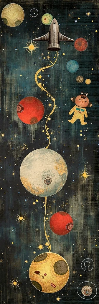 The image depicts a whimsical and stylized representation of space, featuring a large, central rocket ship with various circular windows and patterns on its body. Surrounding the rocket are numerous celestial bodies, including planets with different sizes, rings, and surface textures, as well as stars and smaller spacecraft. The background is dark with speckles of light suggesting a starry sky. This image is interesting due to its artistic interpretation of space travel and exploration, using vibrant colors and imaginative design that deviates from realistic depictions of space.