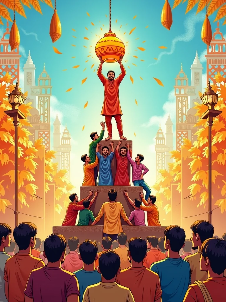 reate a festive and vibrant sketch illustrating the Gopal Kala celebration, an Indian festival associated with Janmashtami. Capture the essence of this joyful occasion with a group of enthusiastic men forming a human pyramid, striving to break the Dahi Handi (clay pot filled with curd) hanging high above. Surround the scene with cheerful onlookers, traditional attire, and colorful decorations. Include intricate patterns in the background representing traditional Indian motifs, and make the atmosphere lively with a sense of community and festivity. The colors should be bright and vibrant, with a focus on shades of orange, yellow, and blue