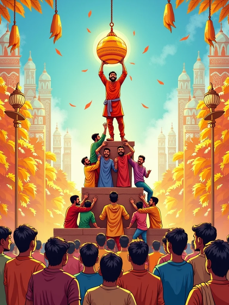 reate a festive and vibrant sketch illustrating the Gopal Kala celebration, an Indian festival associated with Janmashtami. Capture the essence of this joyful occasion with a group of enthusiastic men forming a human pyramid, striving to break the Dahi Handi (clay pot filled with curd) hanging high above. Surround the scene with cheerful onlookers, traditional attire, and colorful decorations. Include intricate patterns in the background representing traditional Indian motifs, and make the atmosphere lively with a sense of community and festivity. The colors should be bright and vibrant, with a focus on shades of orange, yellow, and blue