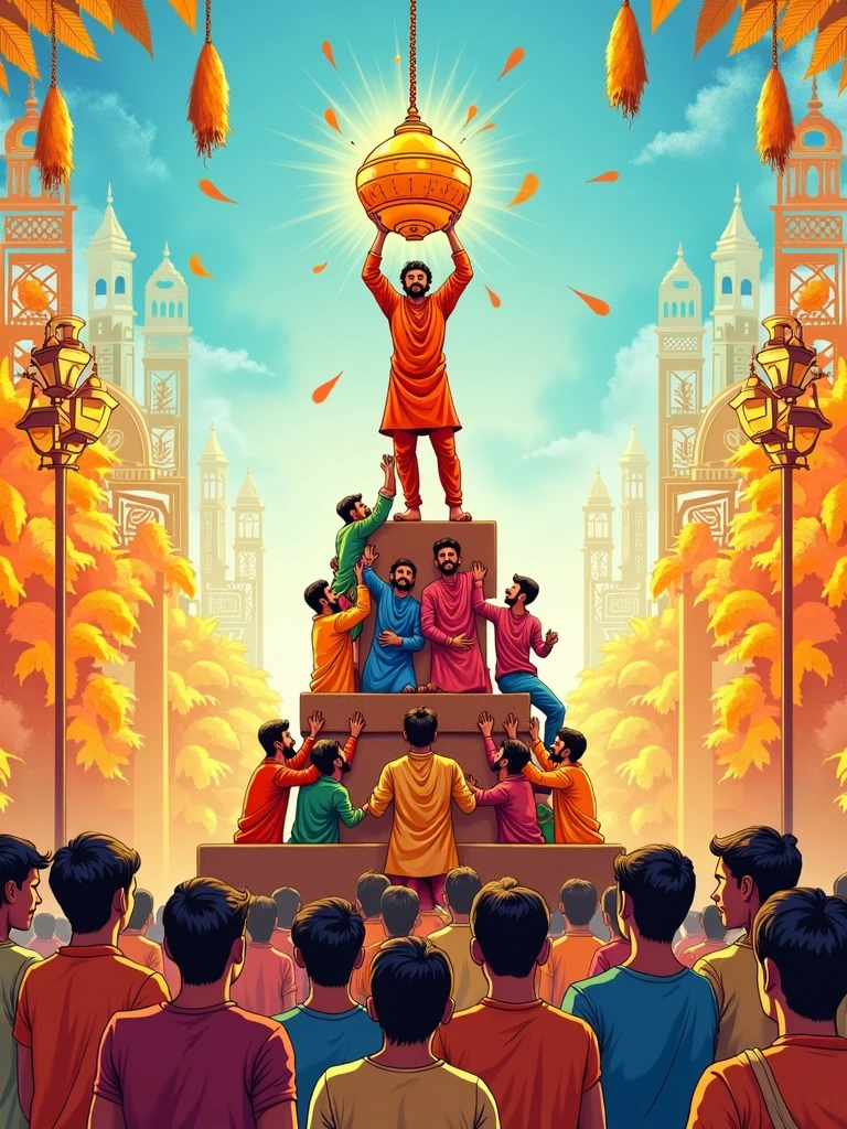 reate a festive and vibrant sketch illustrating the Gopal Kala celebration, an Indian festival associated with Janmashtami. Capture the essence of this joyful occasion with a group of enthusiastic men forming a human pyramid, striving to break the Dahi Handi (clay pot filled with curd) hanging high above. Surround the scene with cheerful onlookers, traditional attire, and colorful decorations. Include intricate patterns in the background representing traditional Indian motifs, and make the atmosphere lively with a sense of community and festivity. The colors should be bright and vibrant, with a focus on shades of orange, yellow, and blue