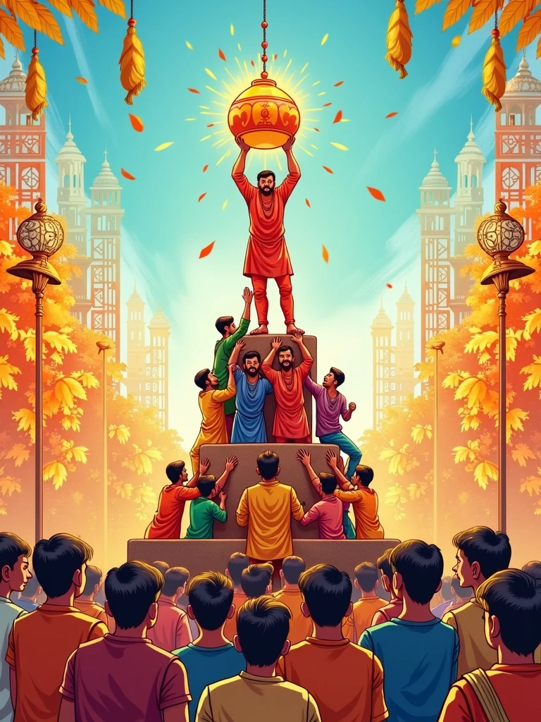 reate a festive and vibrant sketch illustrating the Gopal Kala celebration, an Indian festival associated with Janmashtami. Capture the essence of this joyful occasion with a group of enthusiastic men forming a human pyramid, striving to break the Dahi Handi (clay pot filled with curd) hanging high above. Surround the scene with cheerful onlookers, traditional attire, and colorful decorations. Include intricate patterns in the background representing traditional Indian motifs, and make the atmosphere lively with a sense of community and festivity. The colors should be bright and vibrant, with a focus on shades of orange, yellow, and blue
