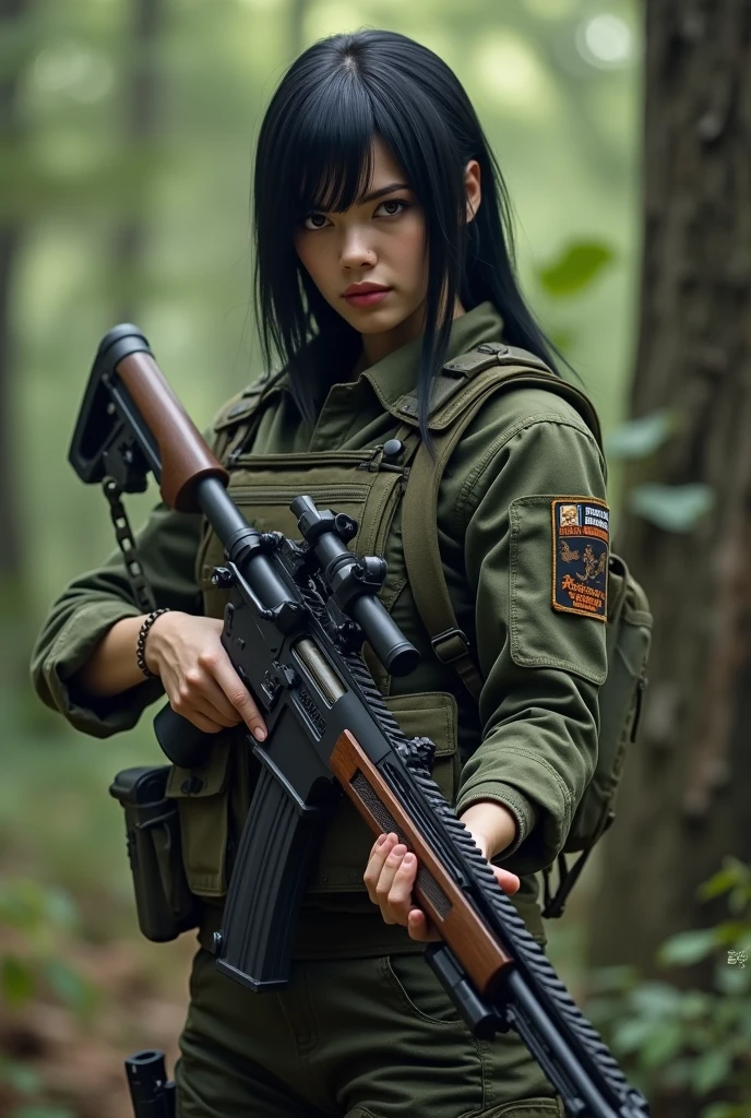 Tacticool, black hair woman vest military better hands one female holding hunting rifle, Wood. forest