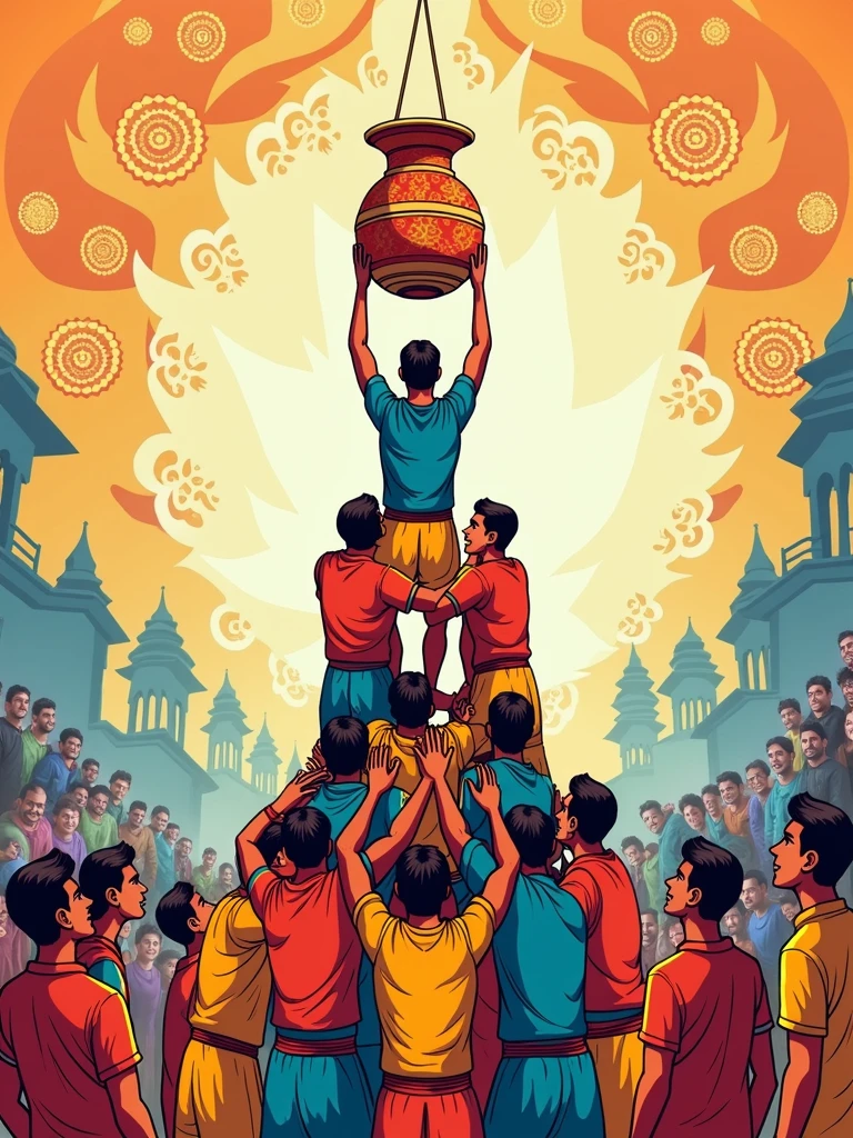reate a festive and vibrant sketch illustrating the Gopal Kala celebration, an Indian festival associated with Janmashtami. Capture the essence of this joyful occasion with a group of enthusiastic men forming a human pyramid, striving to break the Dahi Handi (clay pot filled with curd) hanging high above. Surround the scene with cheerful onlookers, traditional attire, and colorful decorations. Include intricate patterns in the background representing traditional Indian motifs, and make the atmosphere lively with a sense of community and festivity. The colors should be bright and vibrant, with a focus on shades of orange, yellow, and blue
