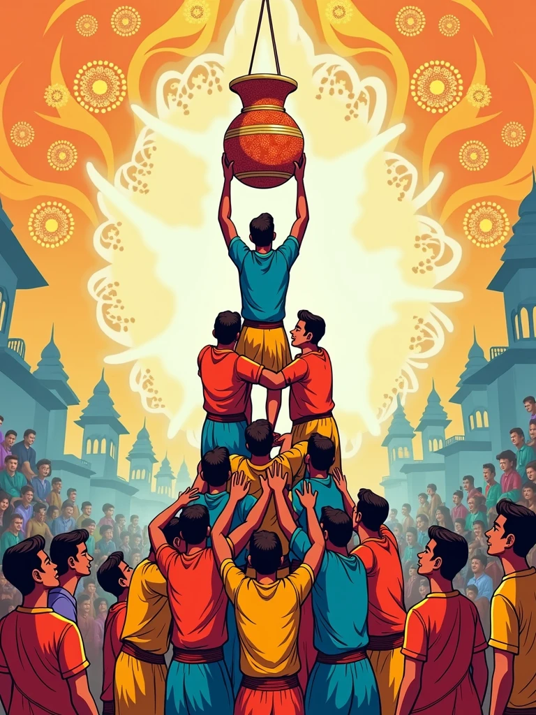 reate a festive and vibrant sketch illustrating the Gopal Kala celebration, an Indian festival associated with Janmashtami. Capture the essence of this joyful occasion with a group of enthusiastic men forming a human pyramid, striving to break the Dahi Handi (clay pot filled with curd) hanging high above. Surround the scene with cheerful onlookers, traditional attire, and colorful decorations. Include intricate patterns in the background representing traditional Indian motifs, and make the atmosphere lively with a sense of community and festivity. The colors should be bright and vibrant, with a focus on shades of orange, yellow, and blue