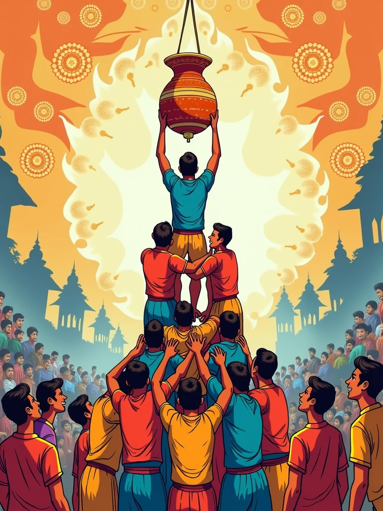 reate a festive and vibrant sketch illustrating the Gopal Kala celebration, an Indian festival associated with Janmashtami. Capture the essence of this joyful occasion with a group of enthusiastic men forming a human pyramid, striving to break the Dahi Handi (clay pot filled with curd) hanging high above. Surround the scene with cheerful onlookers, traditional attire, and colorful decorations. Include intricate patterns in the background representing traditional Indian motifs, and make the atmosphere lively with a sense of community and festivity. The colors should be bright and vibrant, with a focus on shades of orange, yellow, and blue