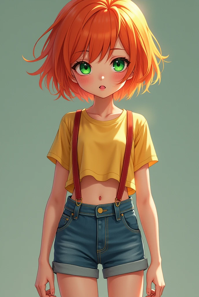 masterpiece,High resolution,8K,Detailed anatomy
(Misty_Pokemon)(1 18-year-old girl)
(Berry Short,Orange Hair,one side up hair,Big green eyes,Small breasts,Skinny)
(Yellow sleeveless T-shirt,Belly button exposed,Denim hot pants,Red suspenders,sneakers)
I can feel the spirit in my eyes.