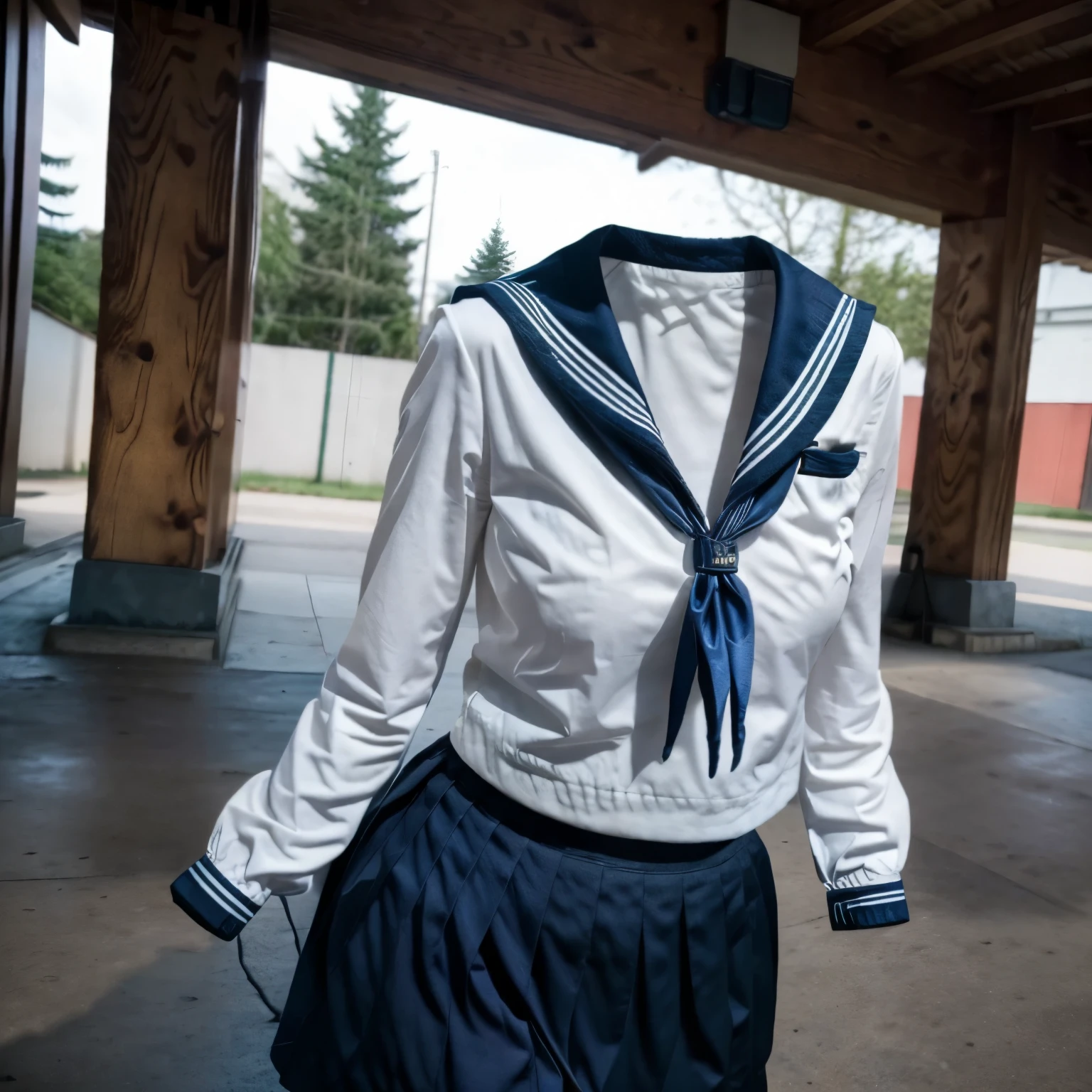 (invisible:1.5, no humans:1.5, headless:1.5, handless, legless), grey skirt, long sleeves, neck ribbon, red ribbon, ribbon, sailor collar, navy school uniform, skirt, navy sailor collar, (cute big breast), (from side), black tights, 
(8k, RAW photo, best quality, masterpiece:1.2), (realistic, photo-realistic:1.37),photon mapping, radiosity, ((Hasselblad photography)),physically-based rendering,