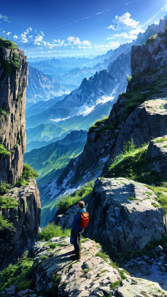  guy standing on a rock looking out over the mountains, on the top of a mountain, on top of a mountain, looking at the mountains, at the top of a mountain, in mountains, standing atop a dusty mountaintop, man standing facing away, standing alone, standing on mountain, sitting on rocks, high in mountains(man seeing greenery view)(bright blue shinning sky)(borkeh effect)